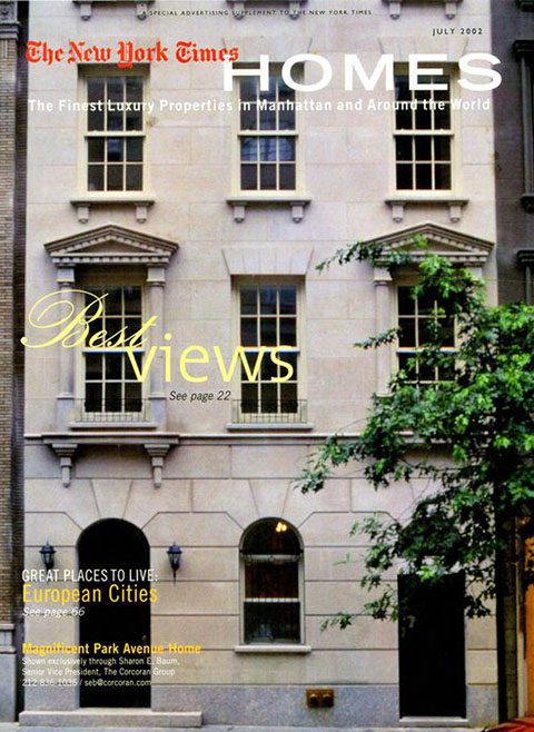 Cover of 'the new york times homes' magazine featuring a townhouse, with text overlay that includes the issue date and various headlines about luxury properties.