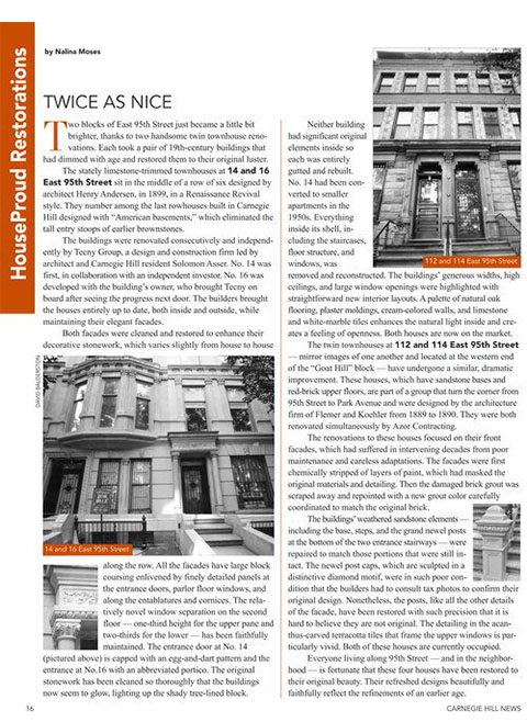 An article discussing the historical and architectural significance of two restored buildings on east 78th street, with a side-by-side comparison of their facades.